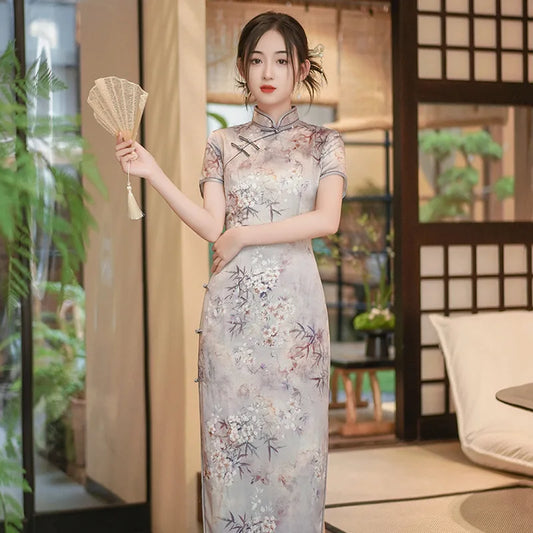 2025 Vintage Women Cheongsam Chinese Style Qipao Satin Floral Print Vestidos Traditional Chinese Cheongsams Oversize Qipao