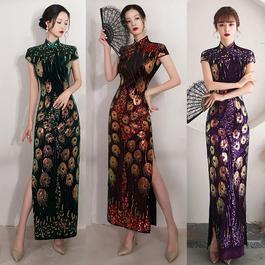 Spring and Autumn New Red Chinese Style Slim Cheongsam Stand Collar Fashion Cheongsam Short-sleeved Banquet Dress