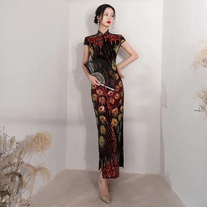 Spring and Autumn New Red Chinese Style Slim Cheongsam Stand Collar Fashion Cheongsam Short-sleeved Banquet Dress