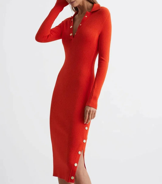 Slim Sexy Solid Color Vertical Knit Evening Wool Blend Button Embellished Design Long Sleeve Knit Maxi Dress