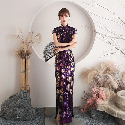 Spring and Autumn New Red Chinese Style Slim Cheongsam Stand Collar Fashion Cheongsam Short-sleeved Banquet Dress