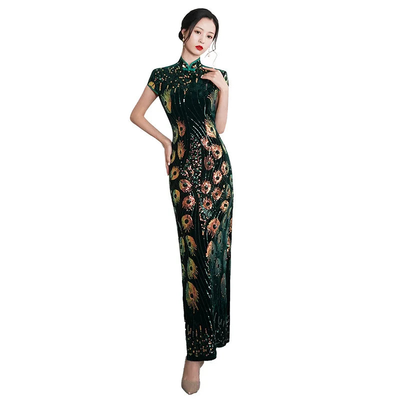 Spring and Autumn New Red Chinese Style Slim Cheongsam Stand Collar Fashion Cheongsam Short-sleeved Banquet Dress