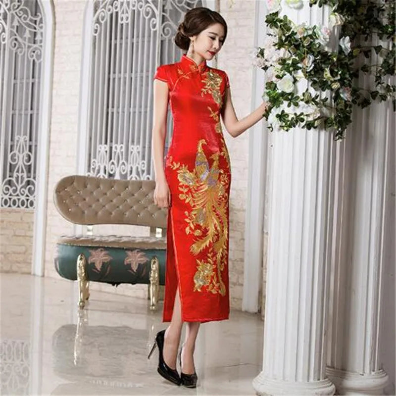 2018 Fashion Chinese Traditional Women Elegant Peacock Embroidered Wedding Dress Cheongsam Qipao