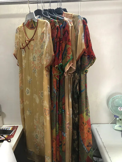 Chinese Print Silk Cheongsam Dress