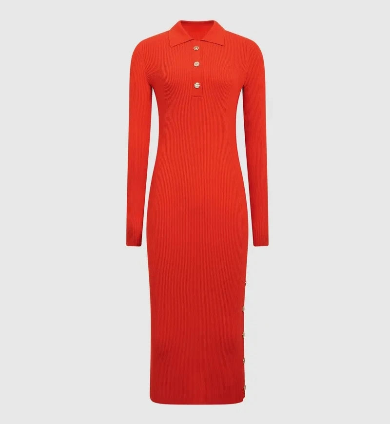 Slim Sexy Solid Color Vertical Knit Evening Wool Blend Button Embellished Design Long Sleeve Knit Maxi Dress