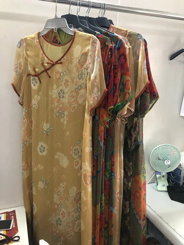 Chinese Print Silk Cheongsam Dress
