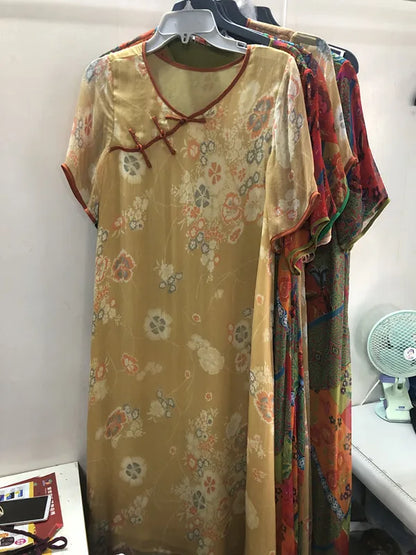 Chinese Print Silk Cheongsam Dress