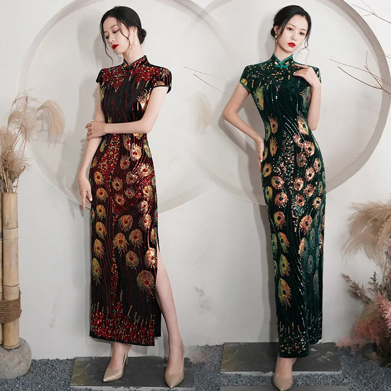 Spring and Autumn New Red Chinese Style Slim Cheongsam Stand Collar Fashion Cheongsam Short-sleeved Banquet Dress