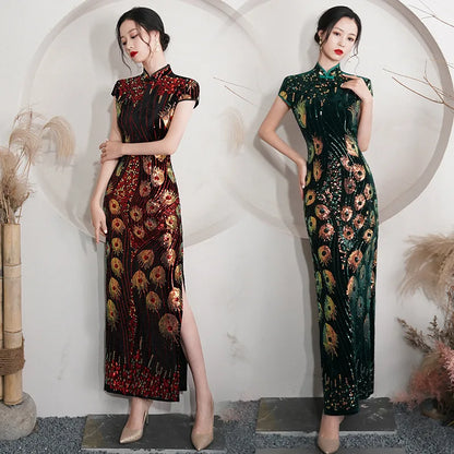 Spring and Autumn New Red Chinese Style Slim Cheongsam Stand Collar Fashion Cheongsam Short-sleeved Banquet Dress