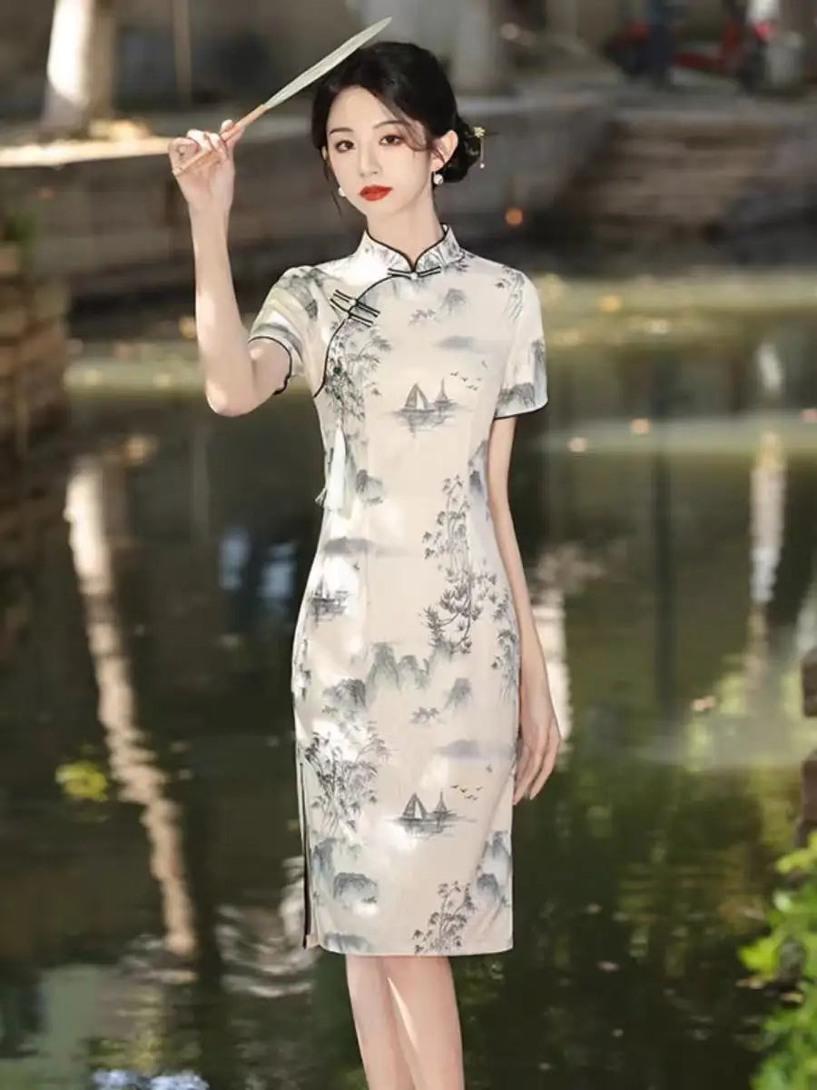 2025 Improved Cheongsam Elegant White Lace Engagement Dress for Young Girls Classy Style for Spring Traditional Chinese Clothing