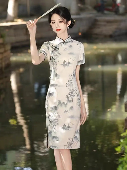 2025 Improved Cheongsam Elegant White Lace Engagement Dress for Young Girls Classy Style for Spring Traditional Chinese Clothing